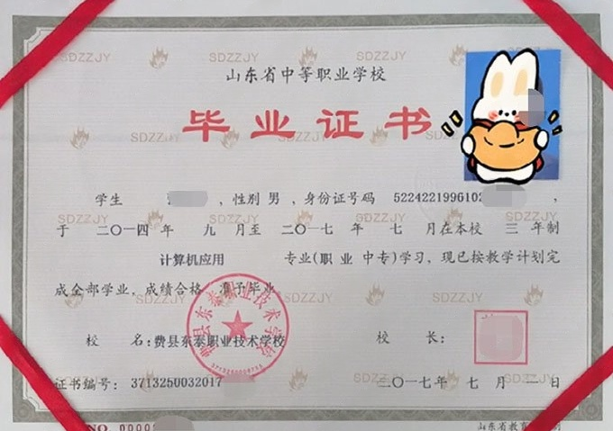 费县东泰职业技术学校2017年中专（中职）毕业证书样本图片