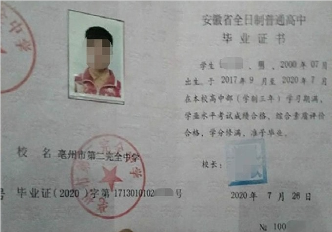 费县亳州市第二完全中学高中毕业证样本